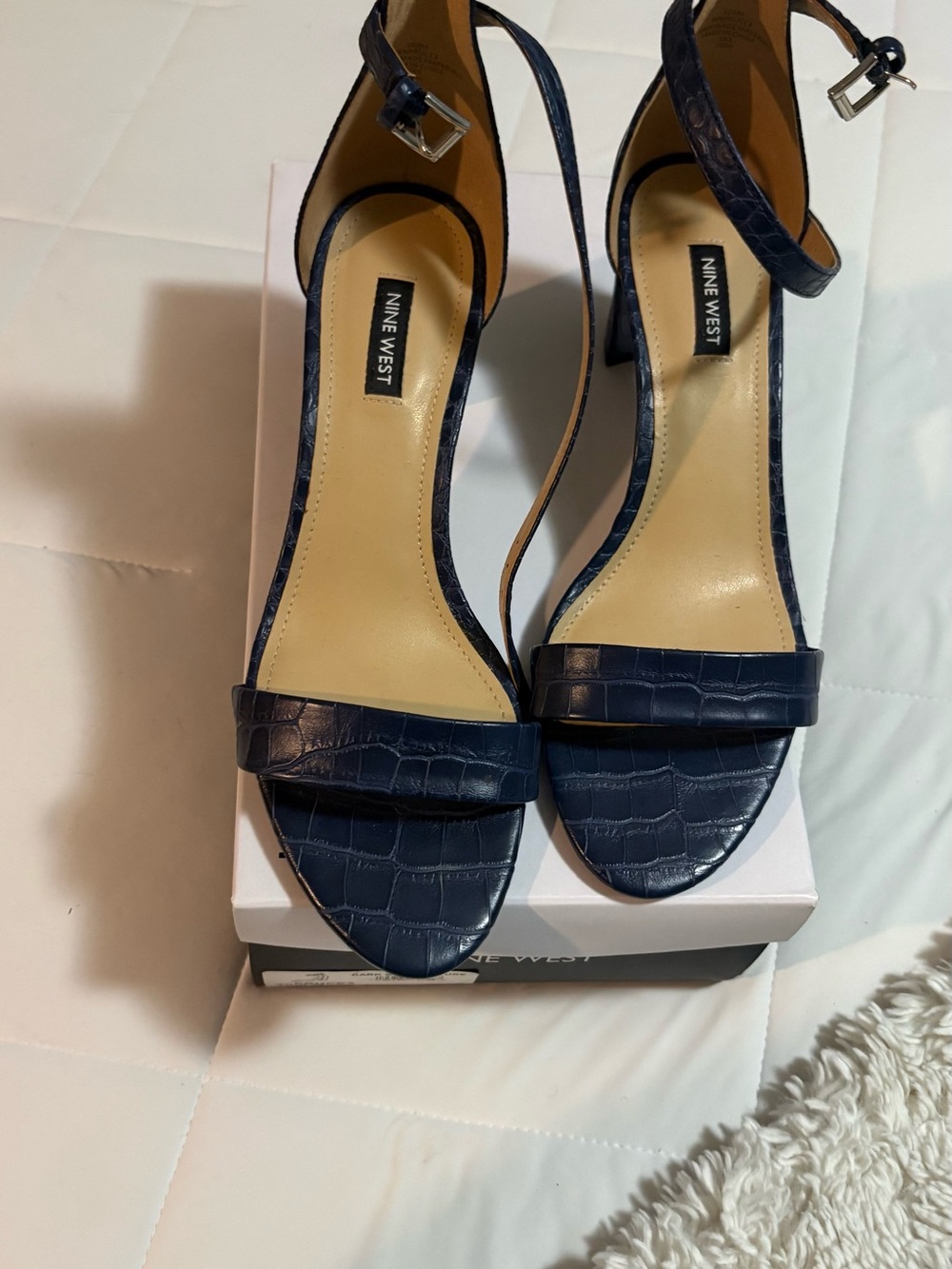 Nine West Navy Croc-Embossed Ankle Strap Heels